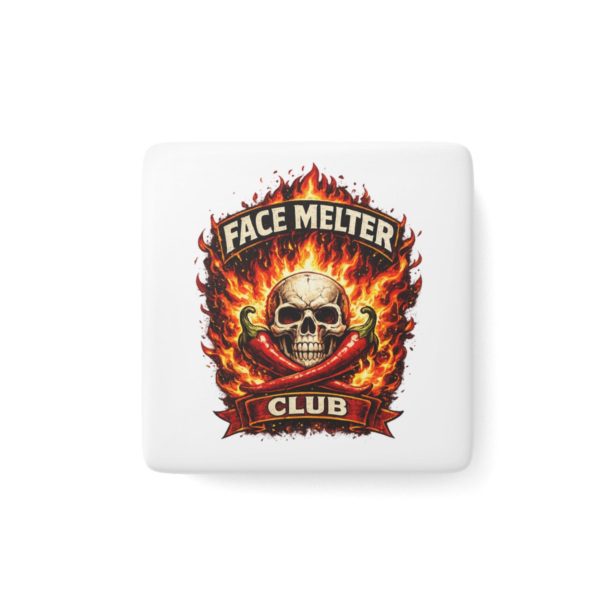 Face Melter Club Porcelain Magnet — Skull & Flames Hot Sauce Badge