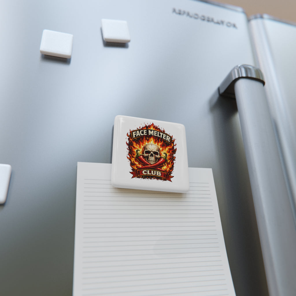 Face Melter Club Porcelain Magnet — Skull & Flames Hot Sauce Badge