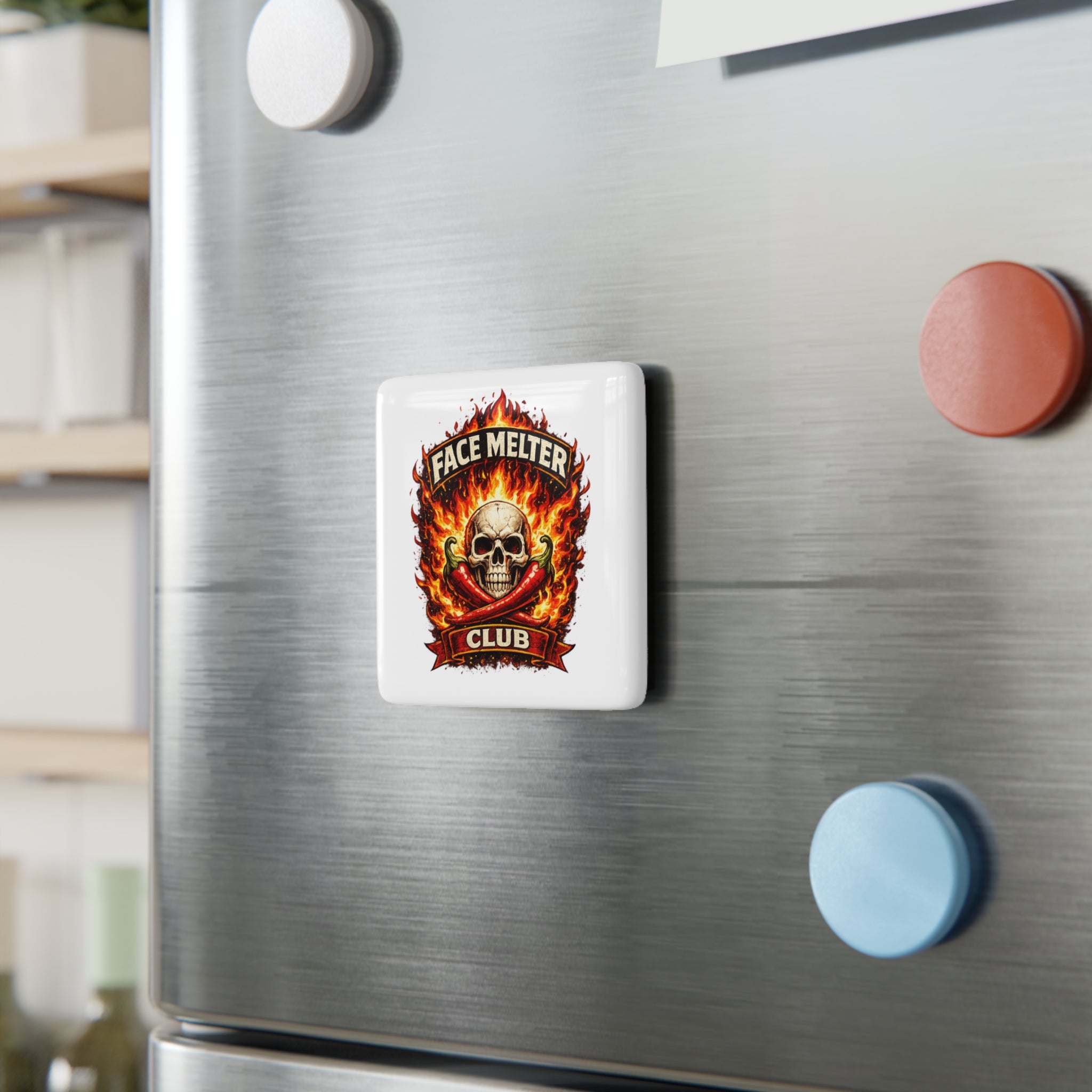 Face Melter Club Porcelain Magnet — Skull & Flames Hot Sauce Badge